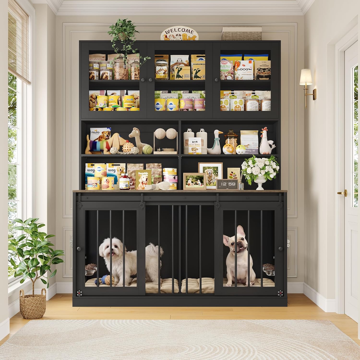 HOSTACK 71" Tall Dog Crate Furniture, 55" W Dog Kennel with Storage Hutch, XL Dog Crate for 2 Dogs with Feeding Bowls, Indoor Heavy Duty Dog Cage with Removable Room Divider, Wooden Pet House, Black