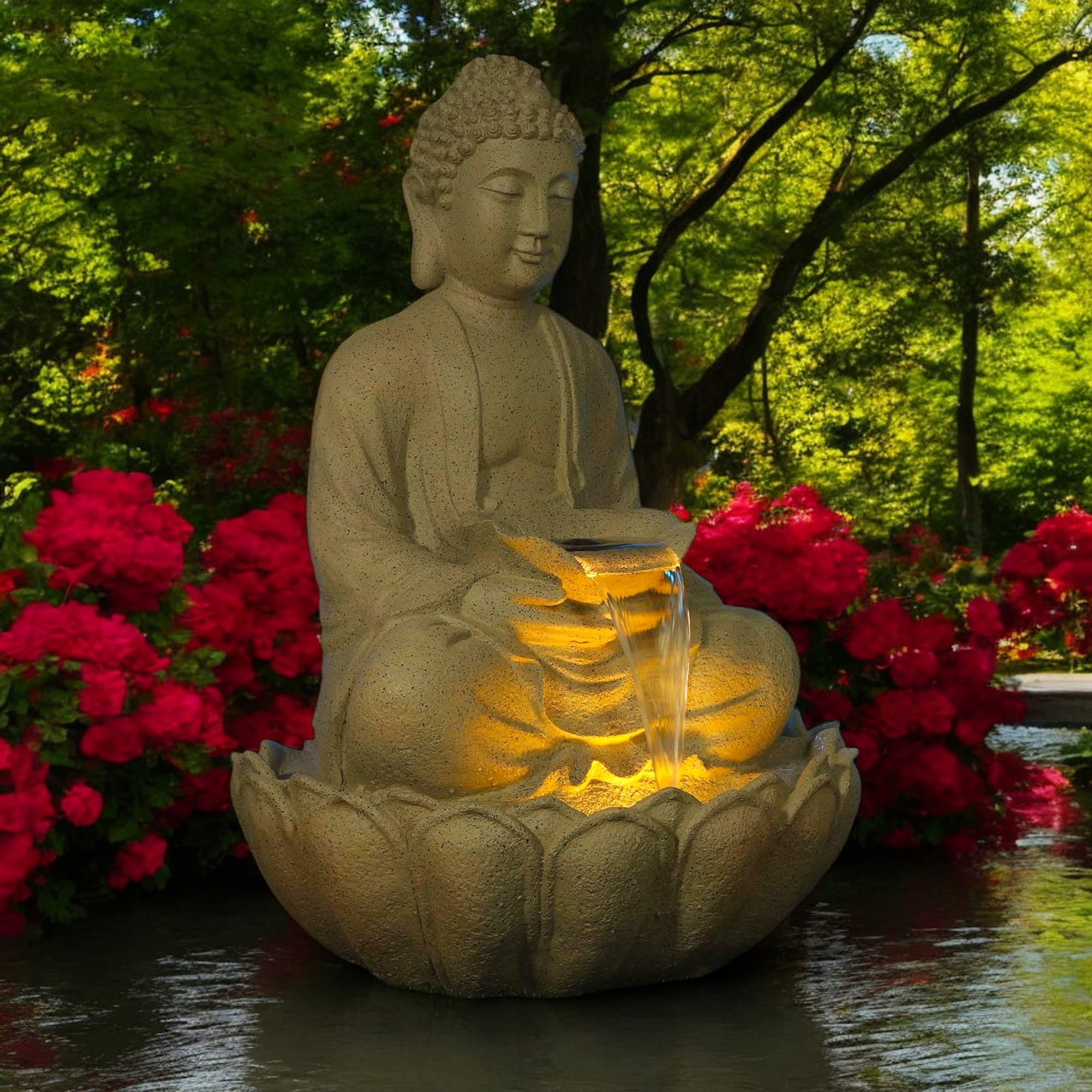 Swadeshi Decors Kamal Buddha Water Fountain Big Size|3 Feet Kamal Buddha Fountain with LED Lighting for Outdoor|Water Fountain for Home & Garden (Beige, 3 Feet),Resin - Image 6 thumbnail