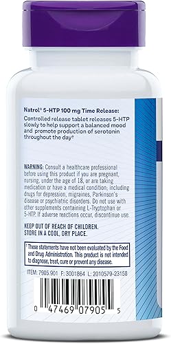 Miniatura 8 de Natrol 5-HTP 100 mg, suplemento dietético ayuda a apoyar un estado de ánimo equilibrado, el estado de ánimo y el estrés, 90 tabletas de liberación