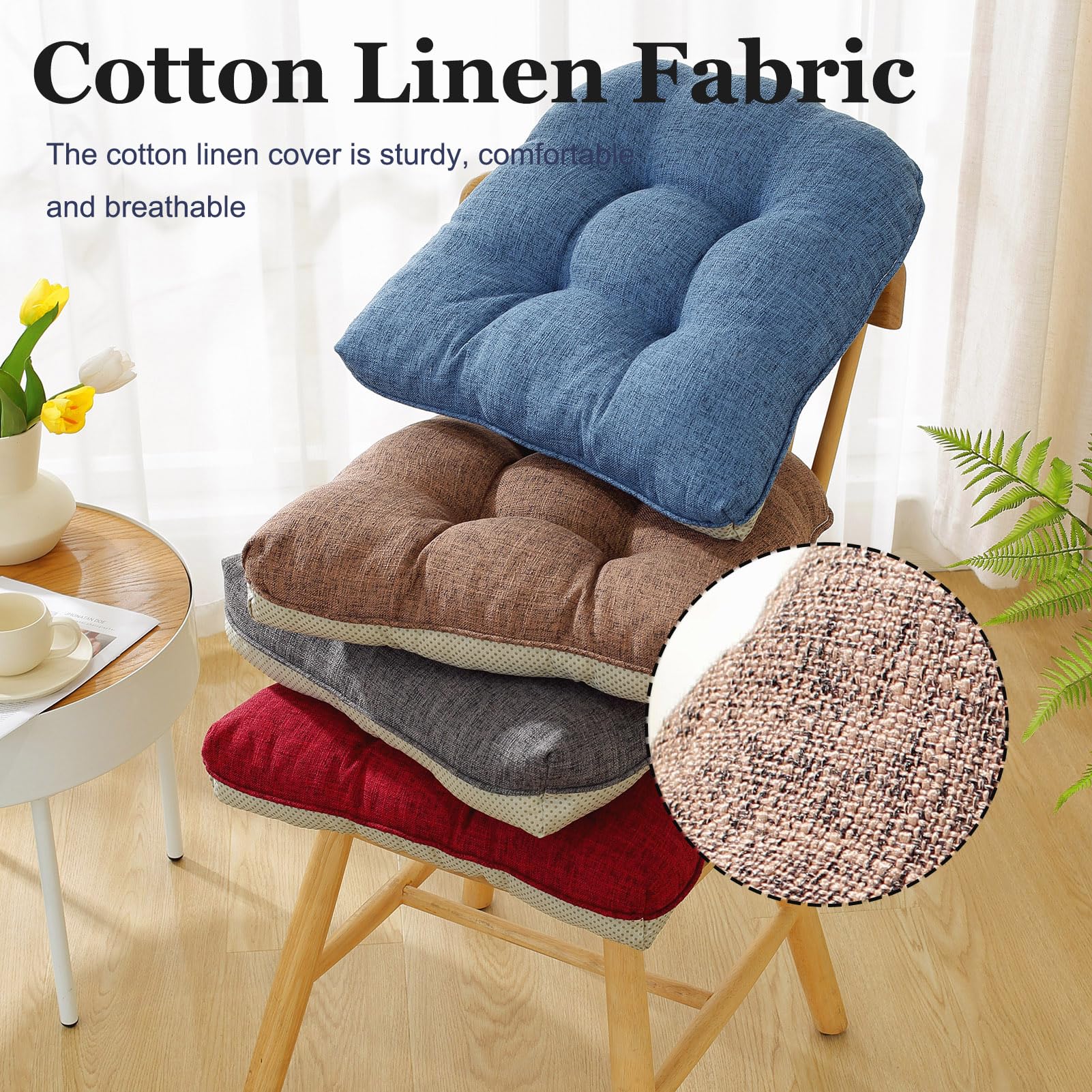 Wadser 18x17 Inches Chair Pad, Blue Cotton Linen Chair Cushion with Ties Non-Slip Bottom, U-Shape Seat Cushion Washable Kitchen Chair Pad