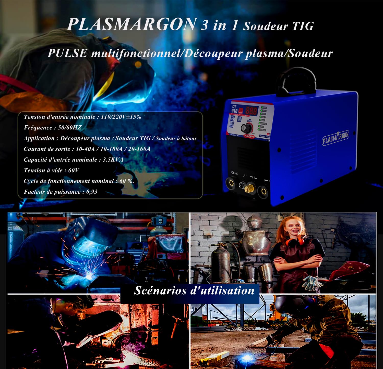 Poste à souder 3 en 1 - Découpeur à plasma WIG - Soudeur MMA à onduleur - Combinaison de soudage plasma TIG MMA | IGBT | Affichage LCD numérique | Allumage HF CT418P