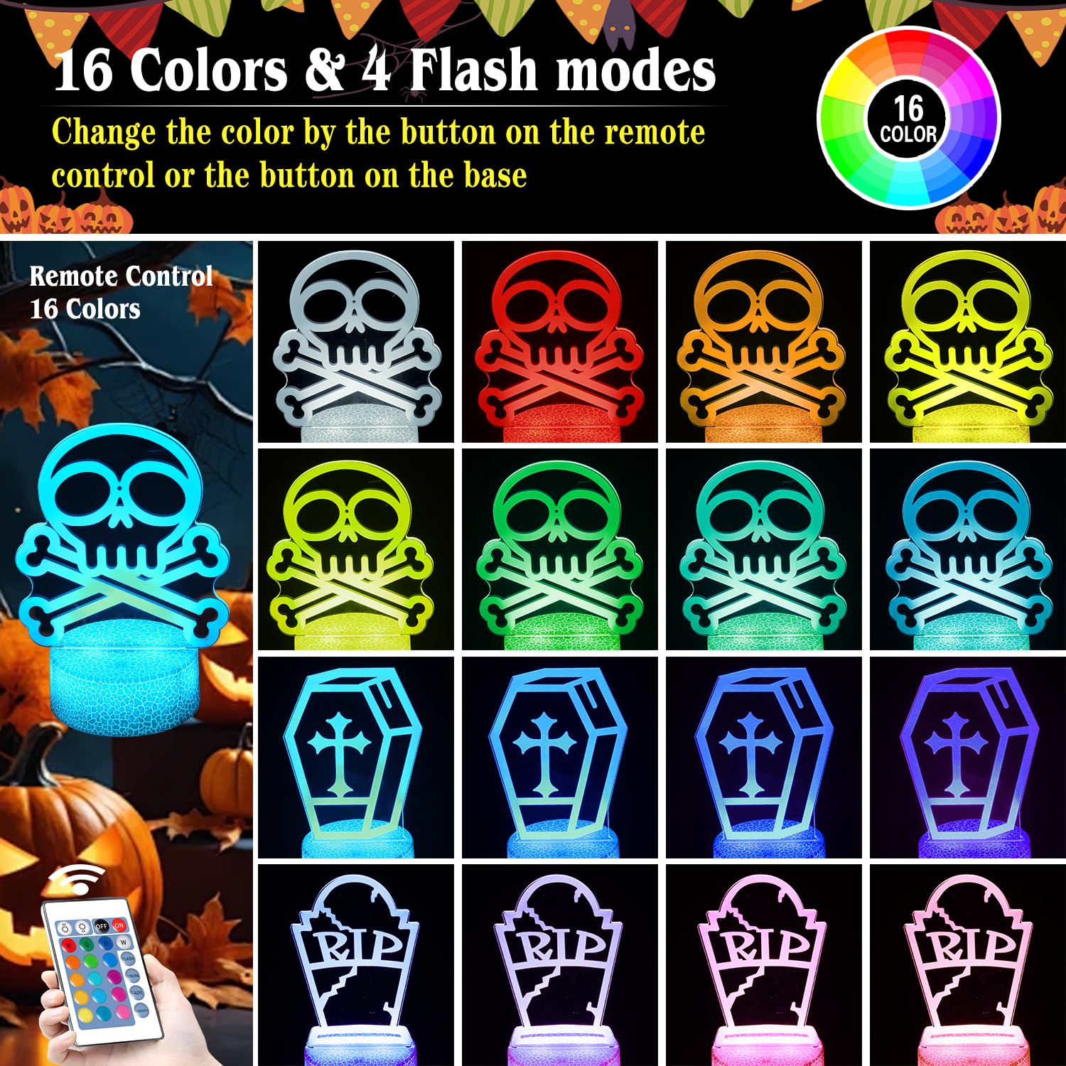 JHXLAMP Regali di Halloween, luce notturna per decorazioni di Halloween, lampada decorativa con 16 cambi di colore con telecomando e Smart Touch, regali di Halloween per ragazzi e ragazze