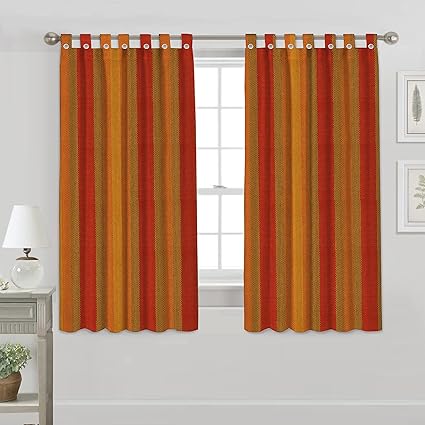 YAWEH Cotton Striped Room Darkening Loop Type Window Curtain- 4 ft x 5 ft Set of 2 Pieces(Orange)