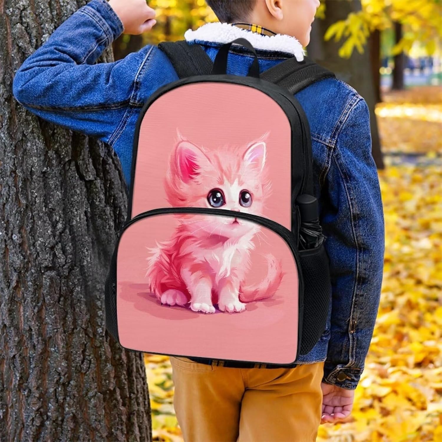 Pink Cat School Backpack for Girls 8-12 Toddler School Backpack Large Capacity Back Pack with Water Bottle Holder Daypack Shoulder Bags