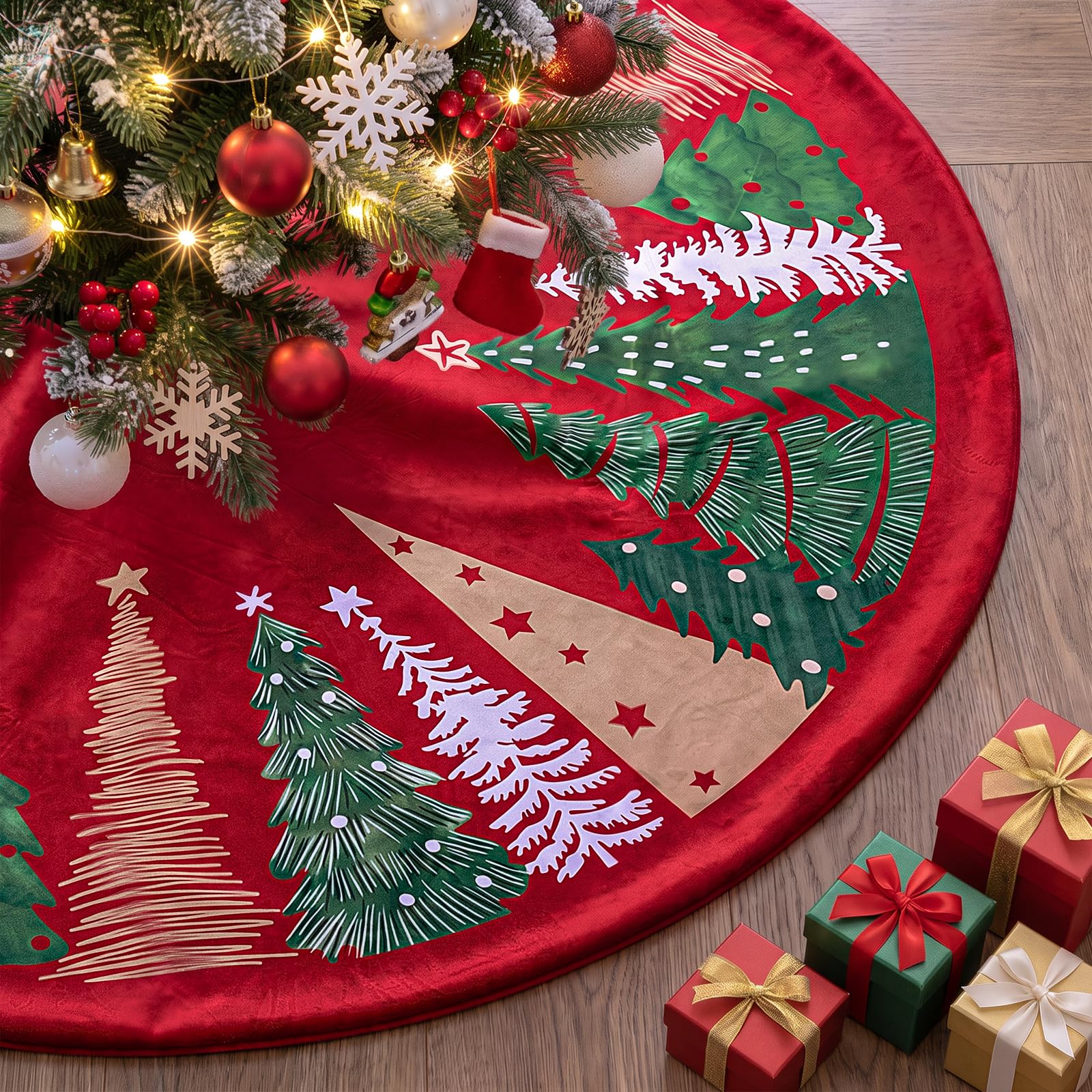 Lanpn Christmas Tree Skirt 120cm, Velvet Xmas Tree Skirt Winter Christmas Tree Mat for Large Artificial Trees Winter Home Party Holiday Indoor Xmas Decorations (Red, 48 inch)