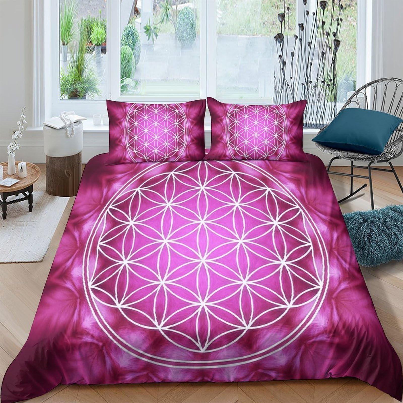 Ctjqhvkz Style-10 3D Printed Flower Of Life Fitted Sheet Microfiber Pink Geometric Sacred Geometry Bed Cover For Bedroom Guest Room Single（135X200cm）