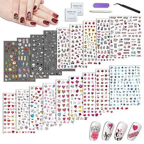 Calcomanías de arte de uñas para mujeres y niñas, 18 hojas de calcomanías acrílicas con pinzas, diseño de corazón, girasol, fruta, panda, labios,