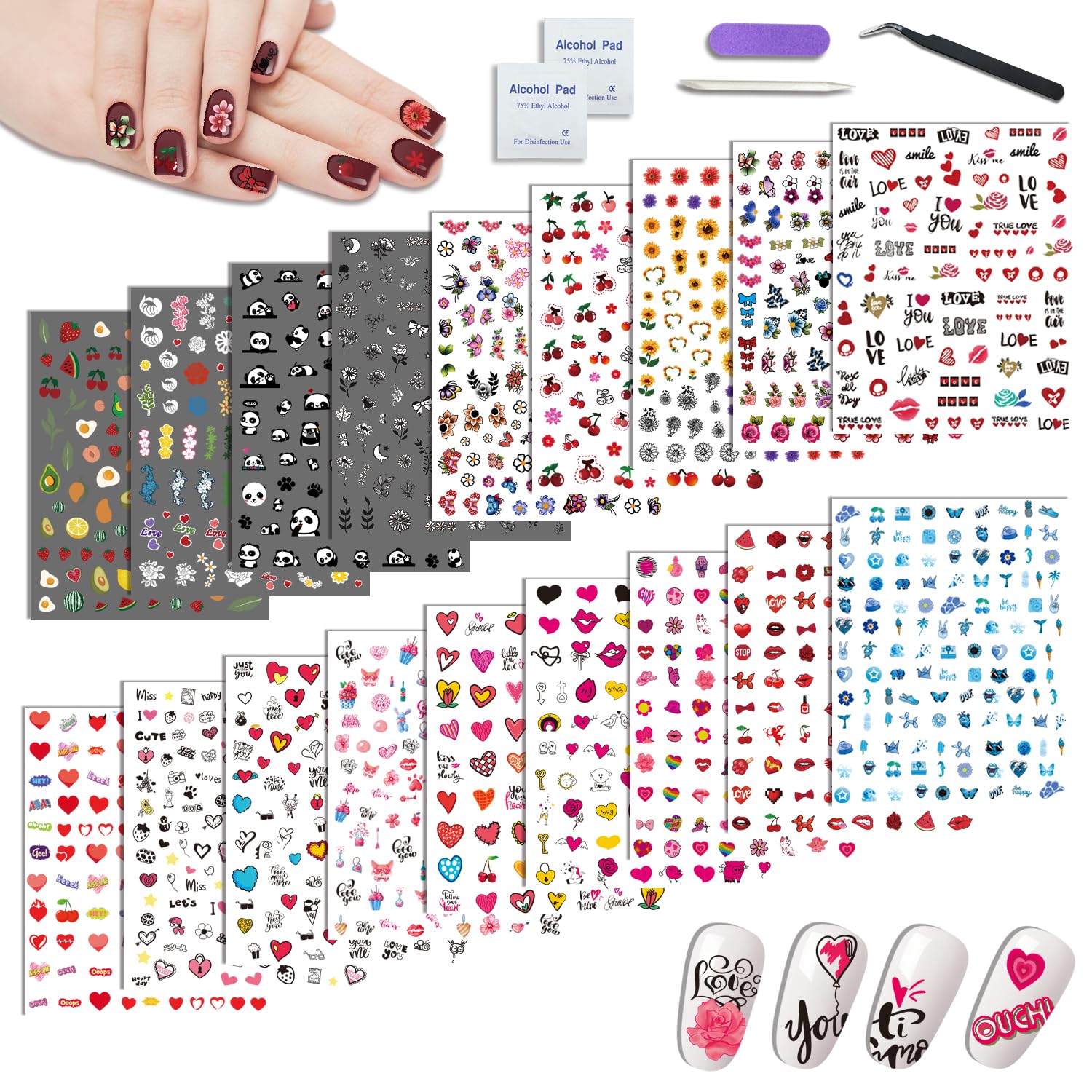 BASIFA Nail Art Stickers for Women Girls Kids, 18 Sheets Acrylic Decals with Tweezers, Heart Sunflower Fruit Panda Lips Designs, Self-Adhesive