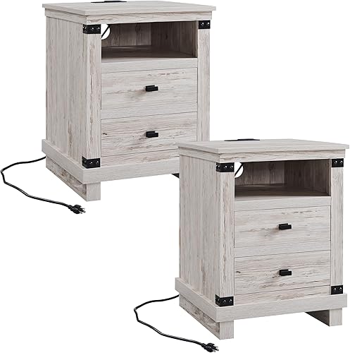 RedLemon Juego de 2 mesitas de noche de granja con estación de carga, mesita de noche rústica de 18 pulgadas con 2 cajones de almacenamiento, mesa