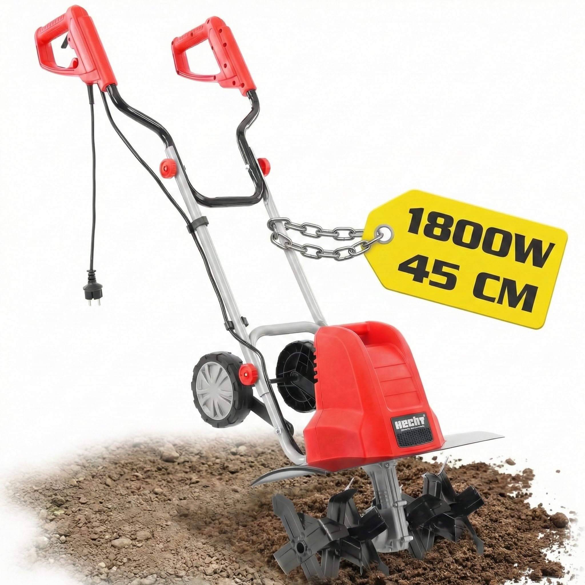 HECHT Elektro Gartenfräse 1800 W 45 cm Arbeitsbreite | Elektrische Motorhacke, Bodenfräse und Bodenhacke, Metallgetriebe, 24 Stahlmesser, 11 kg, ohne Benzin