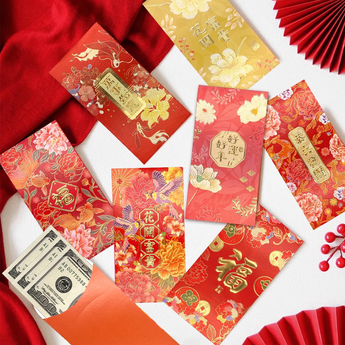 Enveloppes Rouges Hong Bao pour le Nouvel An Chinois, Grandes Enveloppes Porte-Bonheur pour Argent Liquide, Paquets Rouges Lai See