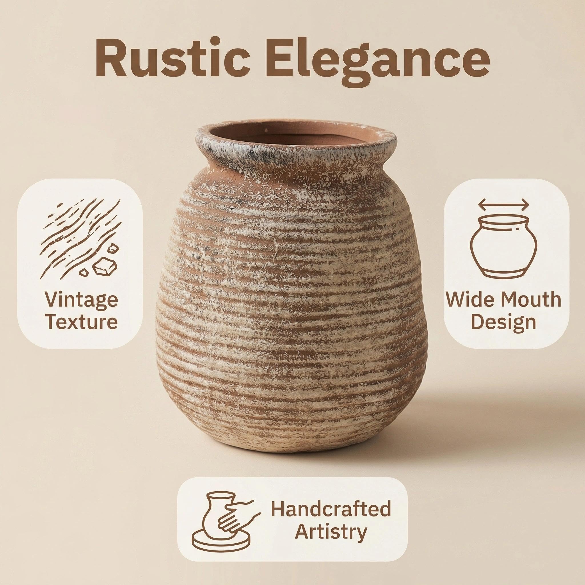 Maceta rústica de terracota, jarrón corto de 7 pulgadas con textura desgastada, decoración bohemia para el hogar para hierba de las pampas, mesa, mantel y estante