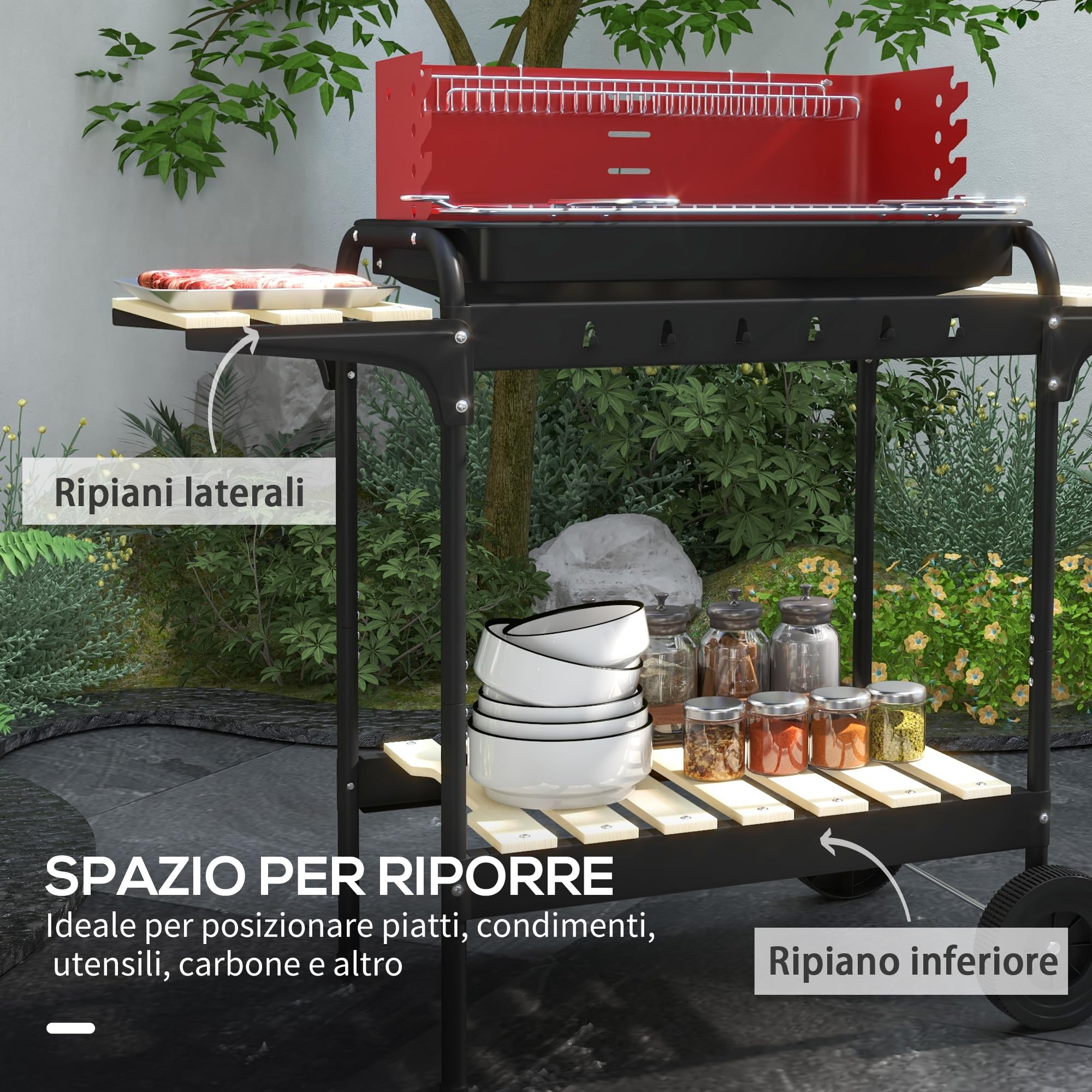 Outsunny Barbecue a Carbonella con Ruote, Griglia Regolabile, 3 Ripiani, 103x47x95 cm, Rosso