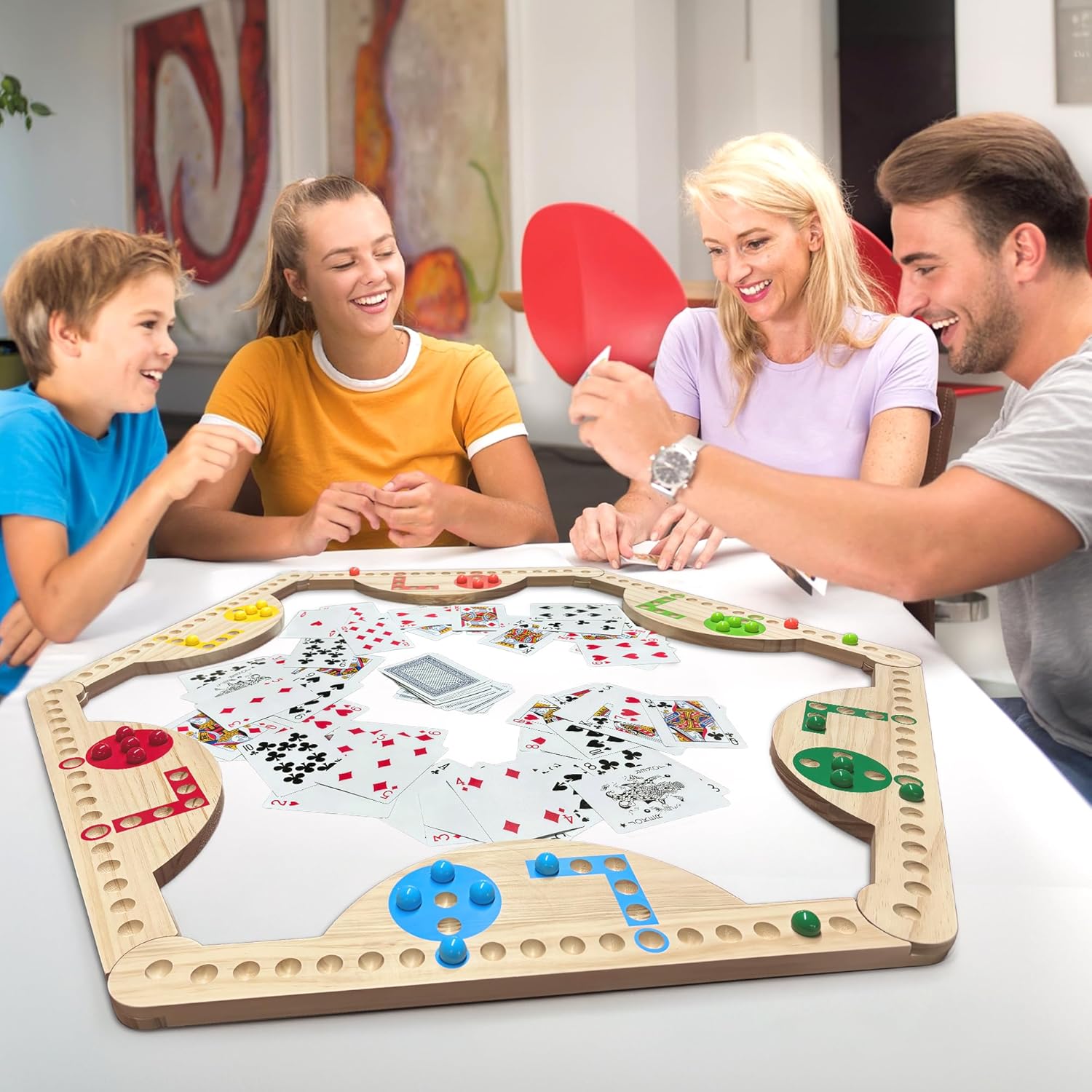 Wooden Jokers and Marbles Board Game，Pegs and Jokers for 2-8 Players 8 Solid Wood Game Boards 4 Decks of Cards 80 Marbles(Two Sets) for Family and Friends Gathering