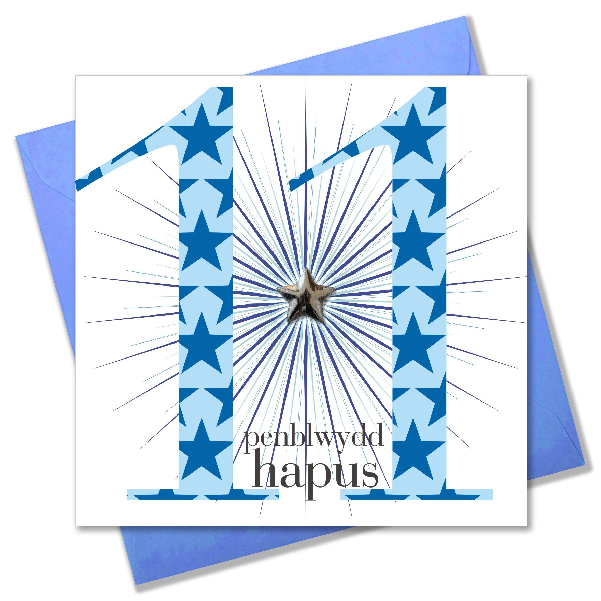 Claire Giles Greeting Cards, Welsh Happy 11th Birthday Card, Penblwydd Hapus, Age 11 Boy Welsh language Card, Embellished with a padded star