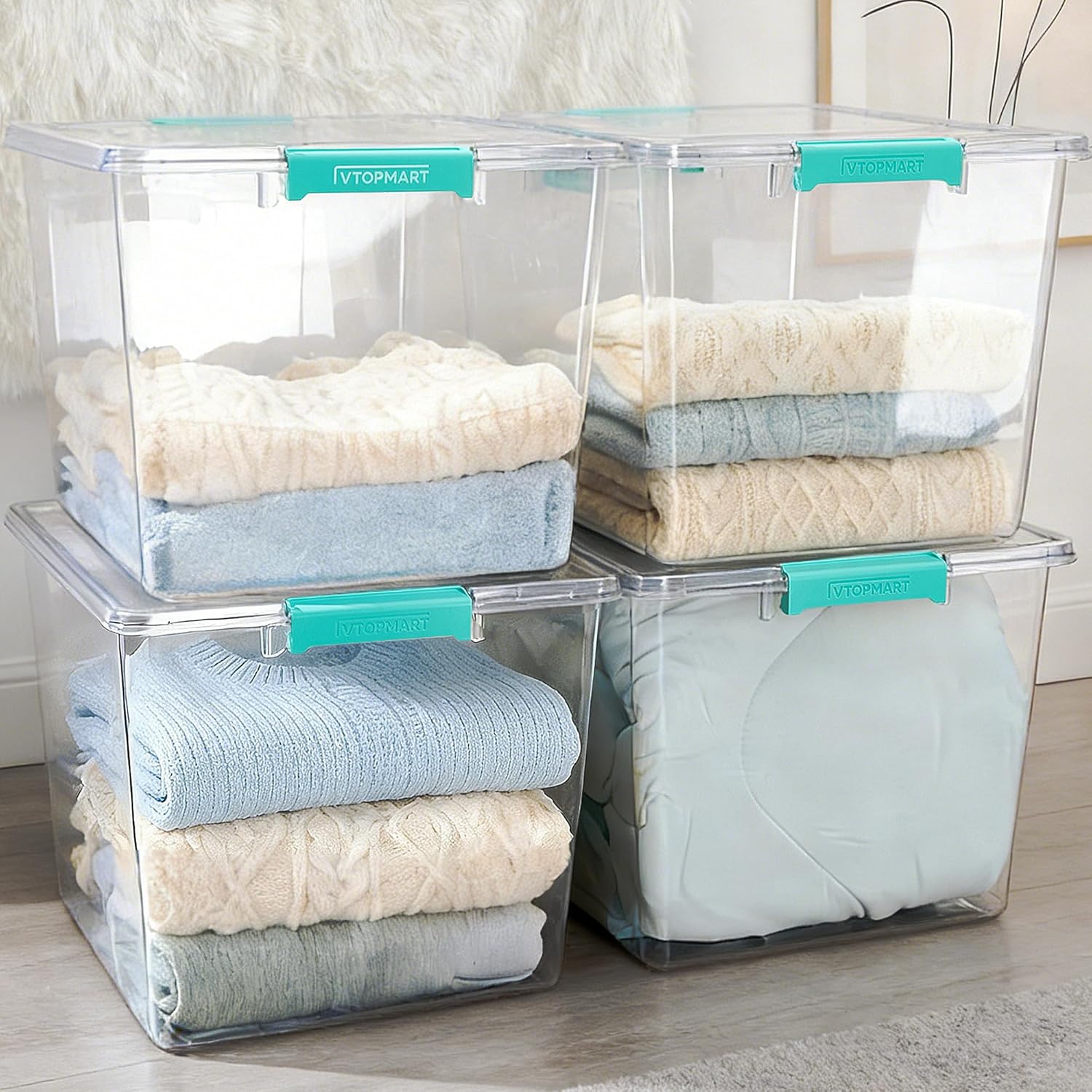 Vtopmart 4 Pack 72QT Crystal Clear Stackable Storage Bins with Lids - Organizing Totes for Closet, Bedroom, Clothes, Bedding