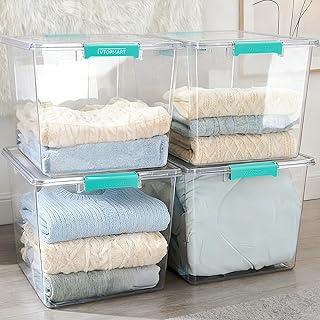 14 Walk-in Closet Ideas That Feel Clean and Boutique Style 10 Vtopmart 4 Pack 72 QT Crystal Clear Storage Bins with Lids, 4 Pack Stack...