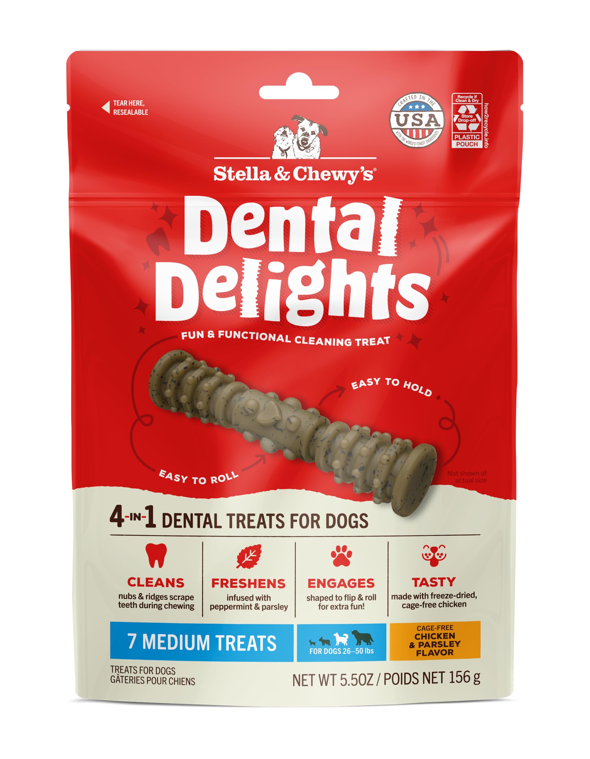 Dental Delights with Freeze-Dried Chicken - Medium Dental Treats for Dogs, 5.5 Ounce Bag