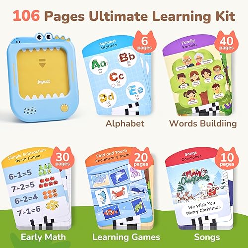 Miniatura 3 de JoyCat Tableta de aprendizaje bilingüe para niños, 106 páginas con 20 juegos interactivos, juguete Montessori para alfabeto, palabras, matemáticas