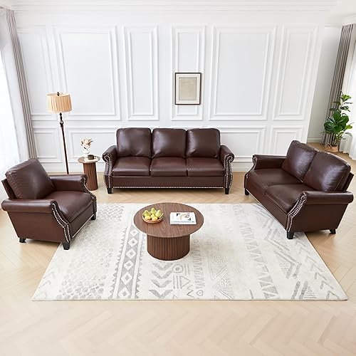 Miniatura 9 de AVZEAR Juego de sofá modular de 3 piezas, sofá de piel sintética, juego de sofá pequeño, sofás modernos de mediados de siglo con botón clásico