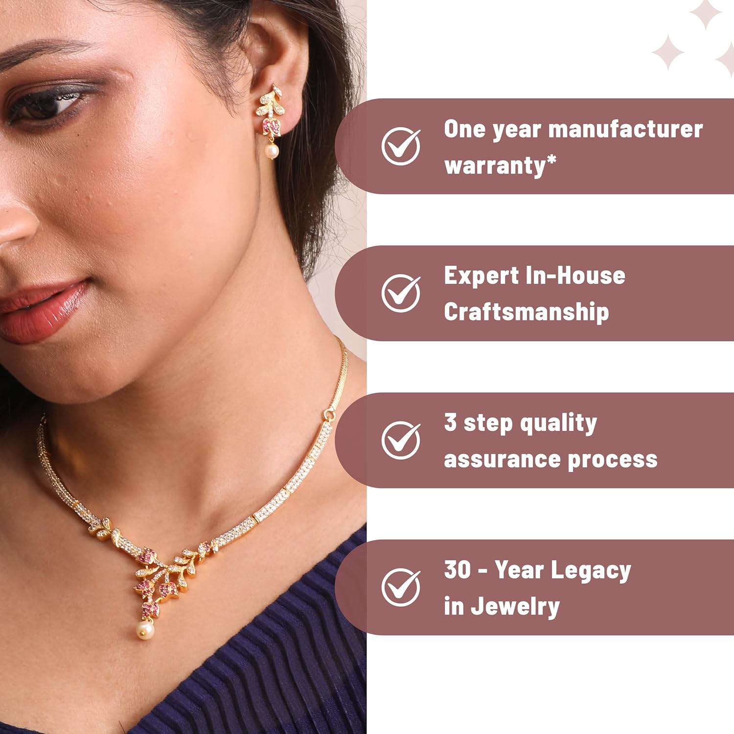 TARINIKA Jivisha Necklace Set with Earring for Women Wedding Bridal Jewelry set with Cubic Zirconia Stone and Pearl, Gold Plated Brass Jewelry for Brides/Bridesmaids/Party/Gift for her