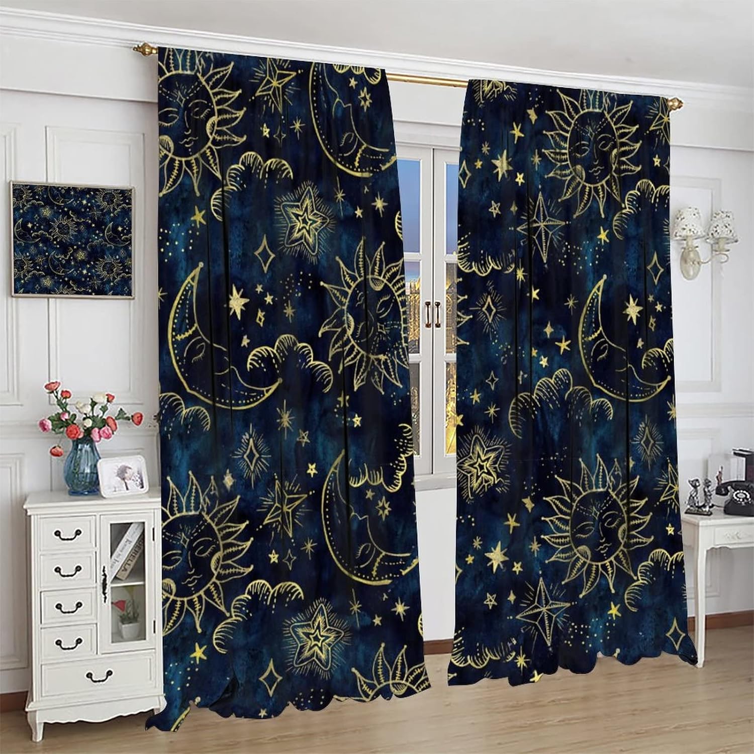 Sun and Moon Curtains Bohemian Hippie Art Theme Indian Boho Outer Space Cosmos Sun Moon Stars Print Pattern Window Drapes for Living Room Office 2 Panels 42"X 63"
