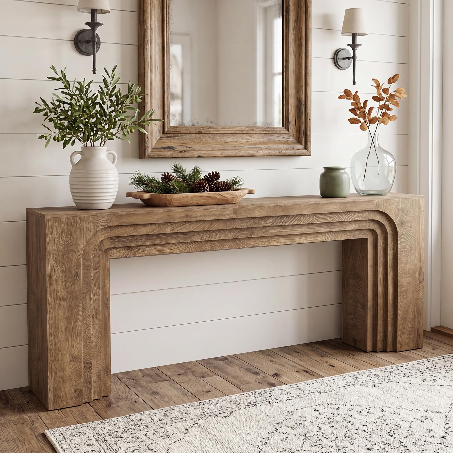 View 1 of ***MISSING PARTS***LITTLE TREE 78.7" Console Table, Long Entryway Table, Modern Farmhouse Sofa Tables Narrow Long, Layered Curved Frame for Living Room, Foyer, Bedroom, Behind Couch, Rustic Light Oak