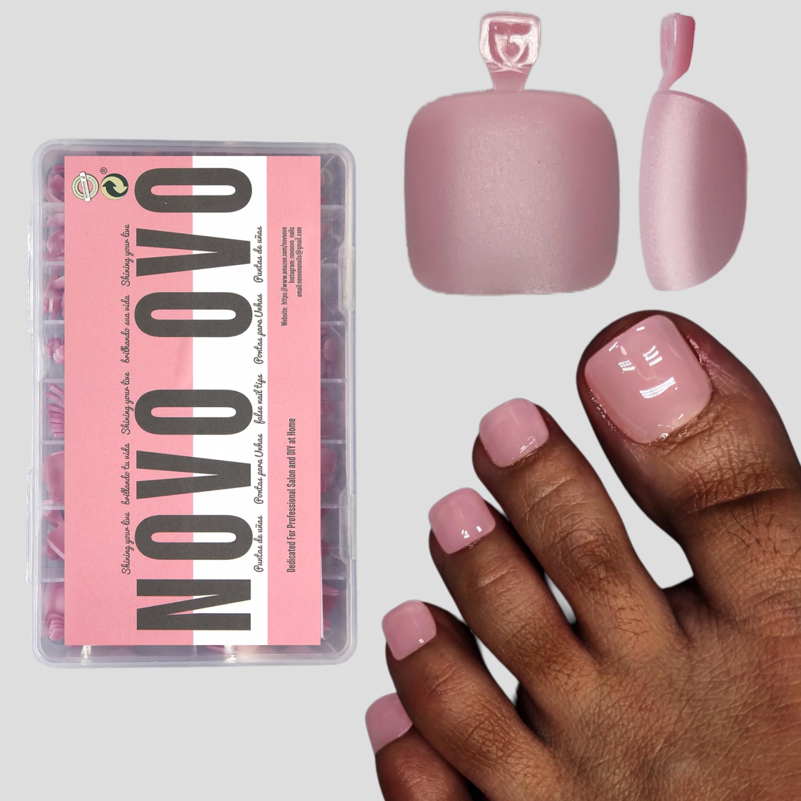 NOVO OVOFake Toe Nail Tips Press on, Soft Gel Toenail Extension, PURE BERRY PINK Square Round Pre-applied Tip Primer & Base Coat, French Tip Full Cover Matte False Nails for DIY x 15 Sizes 360Pcs