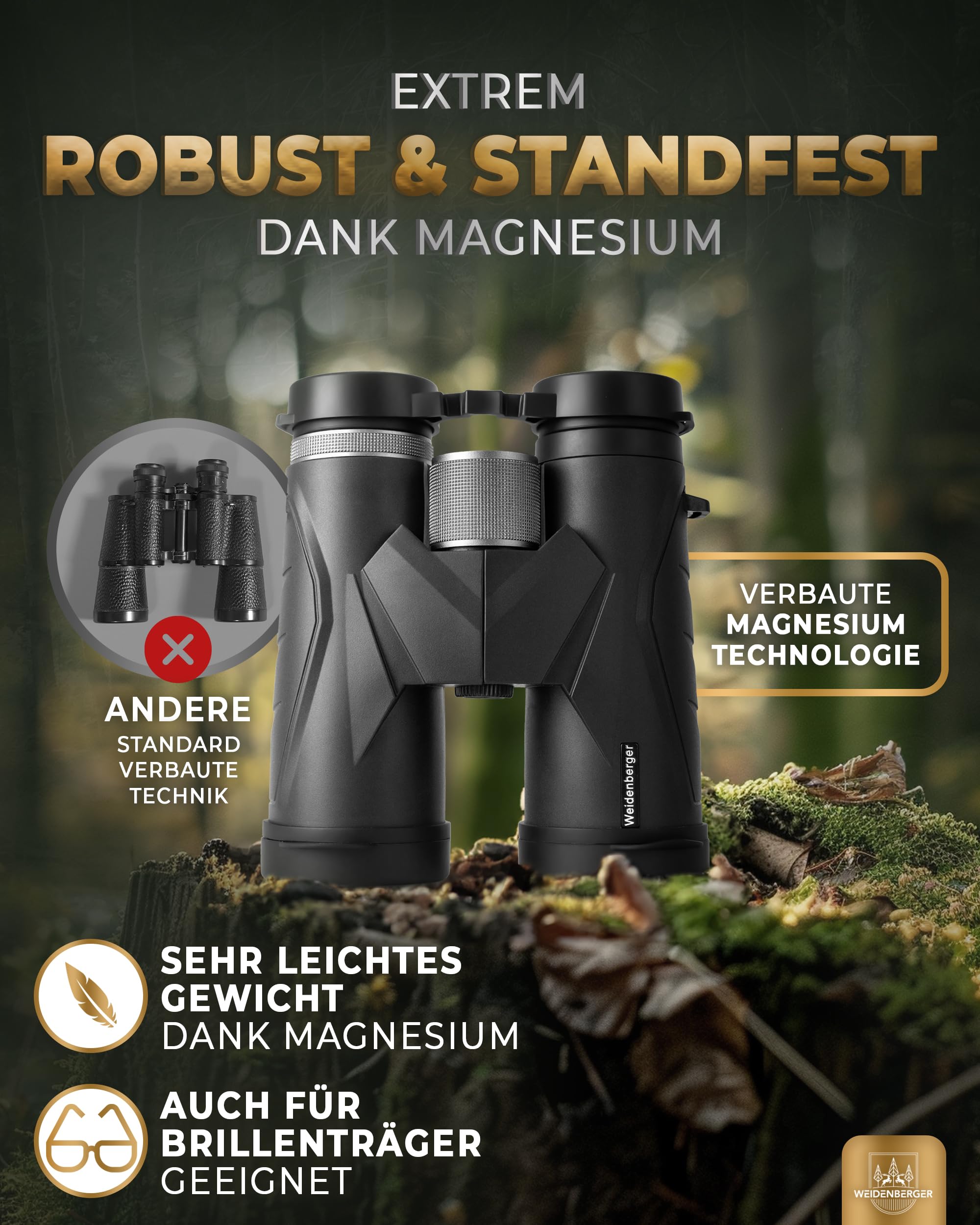 Fernglas 12x42, [TESTSIEGER] Magnesium Fernglas mit Nitrogenfüllung und wasserdicht, für Erwachsene, BAK4 HD Prisma + FMC Objektiv, auch Brillenträger geeignet (Schwarz, 12x42)