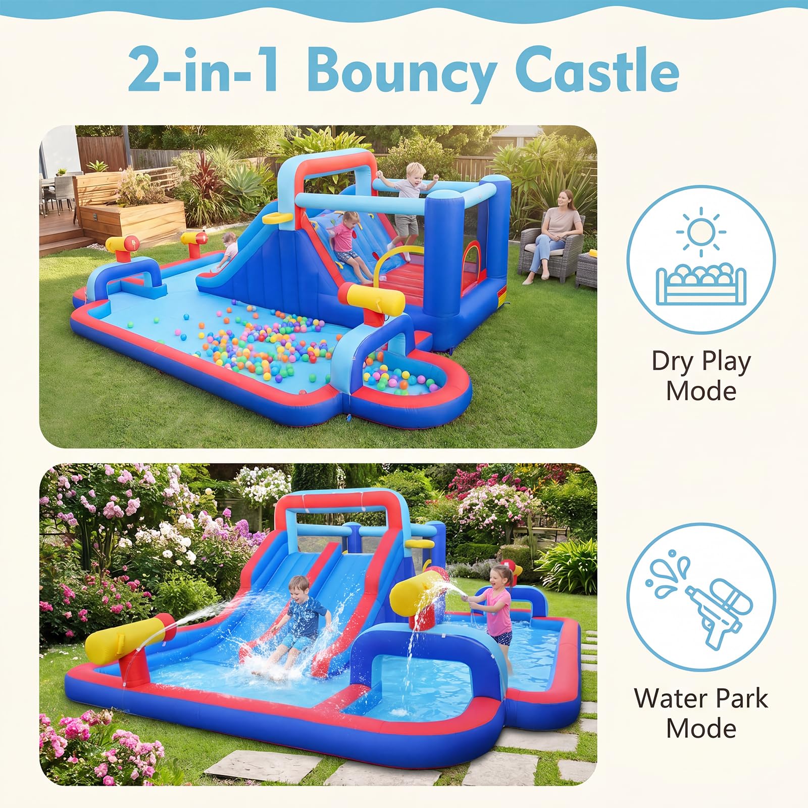 GIANTEX Castello Gonfiabile per Bambini con Scivolo, Piscina Gonfiabile in Tessuto Oxford con Canestro da Basket, Cannone ad Acqua e Parete da Arrampicata, Parco Giochi Grande da Esterno per 3-12 Anni