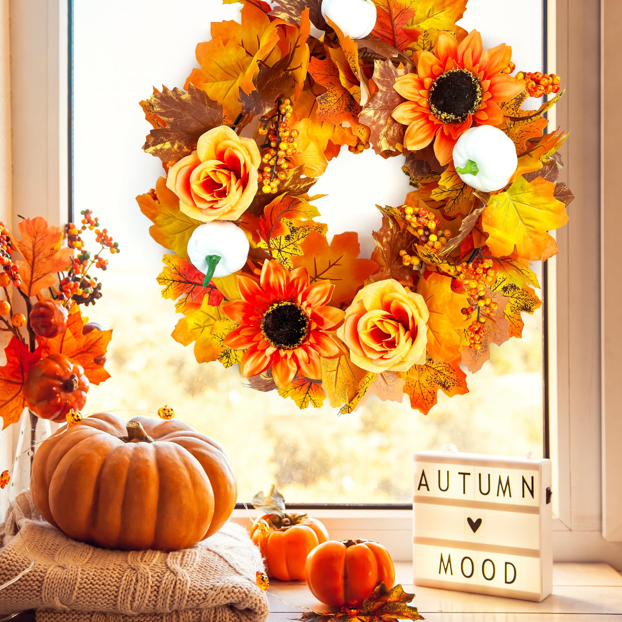 Becaristey PVC Guirlande D'Automne Artificielle à Faible Entretien Avec Des Pommes De Pin Citrouilles Élégantes Et Polyvalentes Sans Lumière