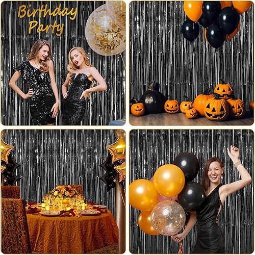 Miniatura 5 de Accevo Paquete de 3 cortinas de flecos de aluminio negras para fiestas, serpentinas de 3.2 x 8.2 pies, serpentinas de oropel, decoraciones de fiesta