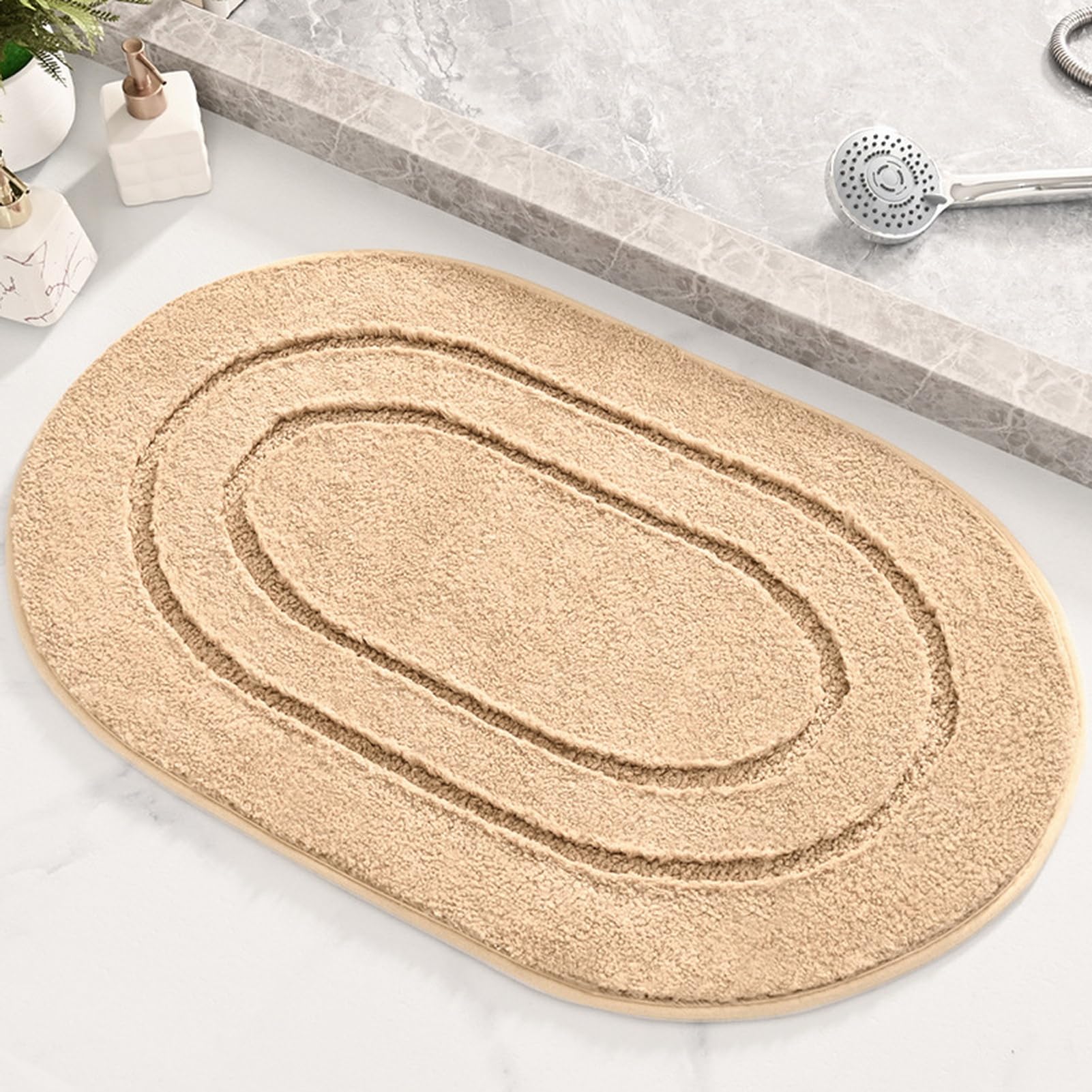 Lifup Bathroom Rugs Oval Non-Slip Shaggy Bath Mats, Soft and Absorbent Microfiber Bath Carpet for Bathroom Floor Beige 16" x 24"