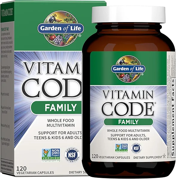 Garden of Life Multivitamin for Women, Men & Kids Age 6 and up, Vitamin Code Family Multi - 120 Vegetarian Capsules, Whole Food Vitamins, Food Blend & Probiotics, Gluten Free Dietary Supplem