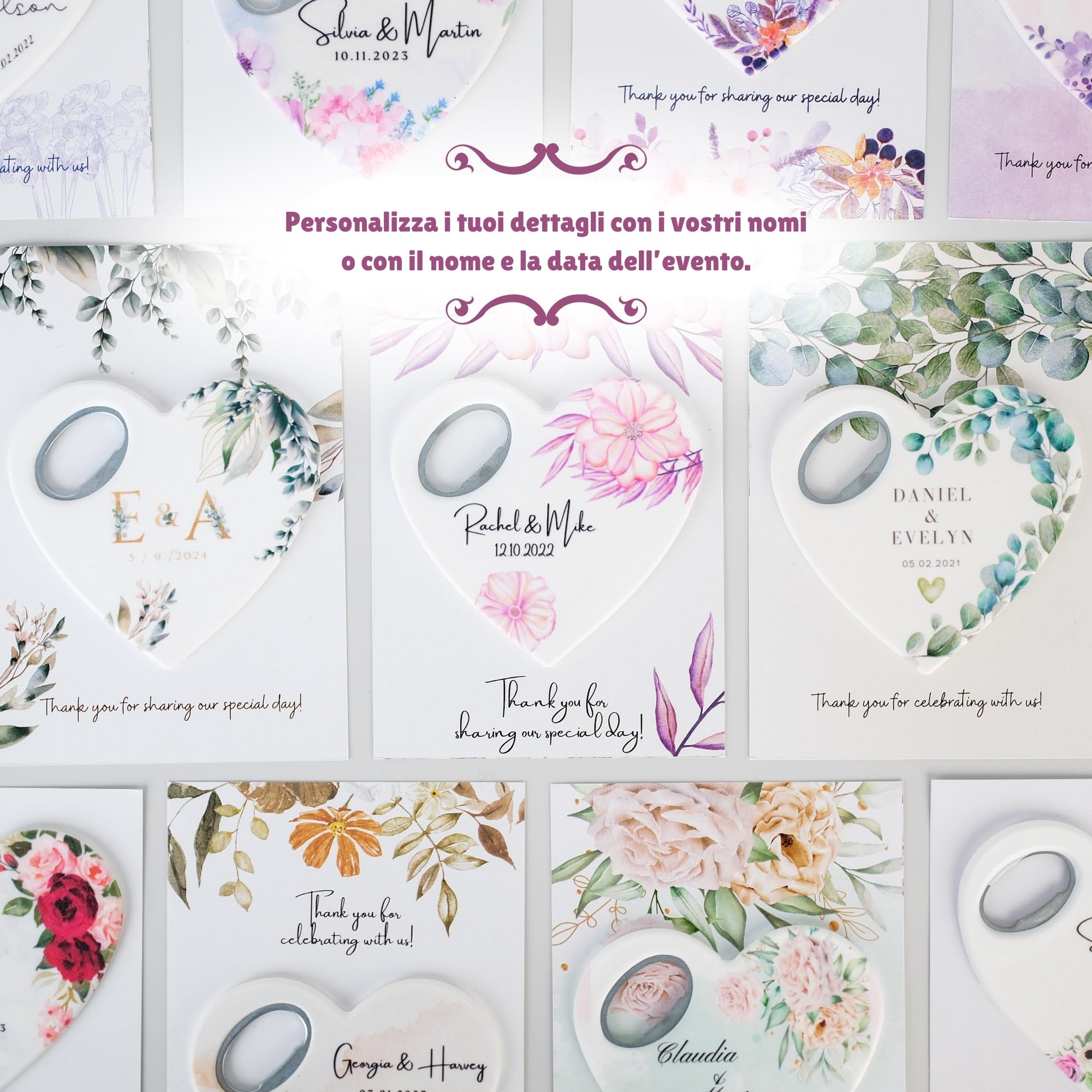 Bomboniere matrimonio personalizzate, calamita apribottiglie a forma di cuore con biglietto di ringraziamento, regalo per invitati e festa di (Apribottiglie + biglietto di ringraziamento)(Set da 30)