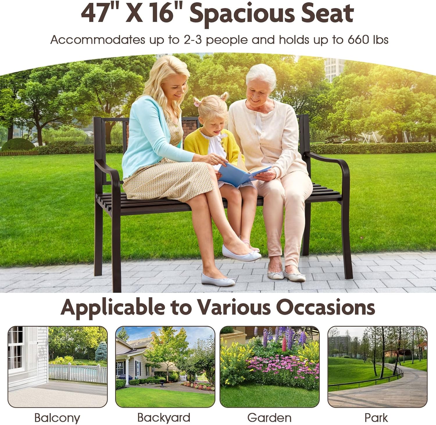 Giantex Outdoor Bench with PE Rattan Backrest, Curved Armrests, Slatted Seat for 2-3 Persons, Heavy-Duty Outdoor Seating Furniture, Garden Bench for Patio, Backyard, Poolside, Porch, Park, Brown