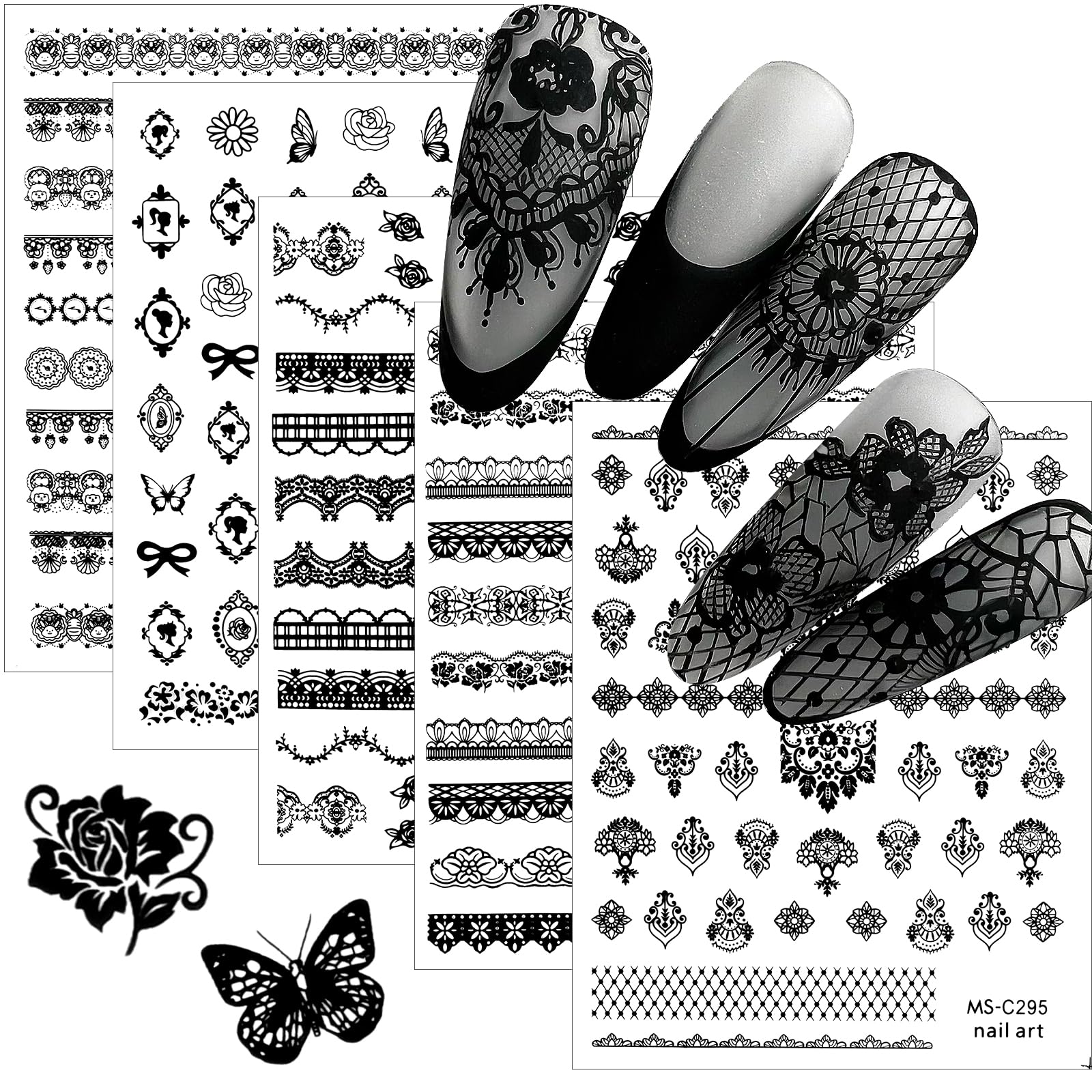 EBANKU 9 Sheets Lace Nail Art Stickers, Black Lace Flower Design 3D Self-Adhesive Nail Sticker Decal for Women Girls DIY Nail Art Decoration