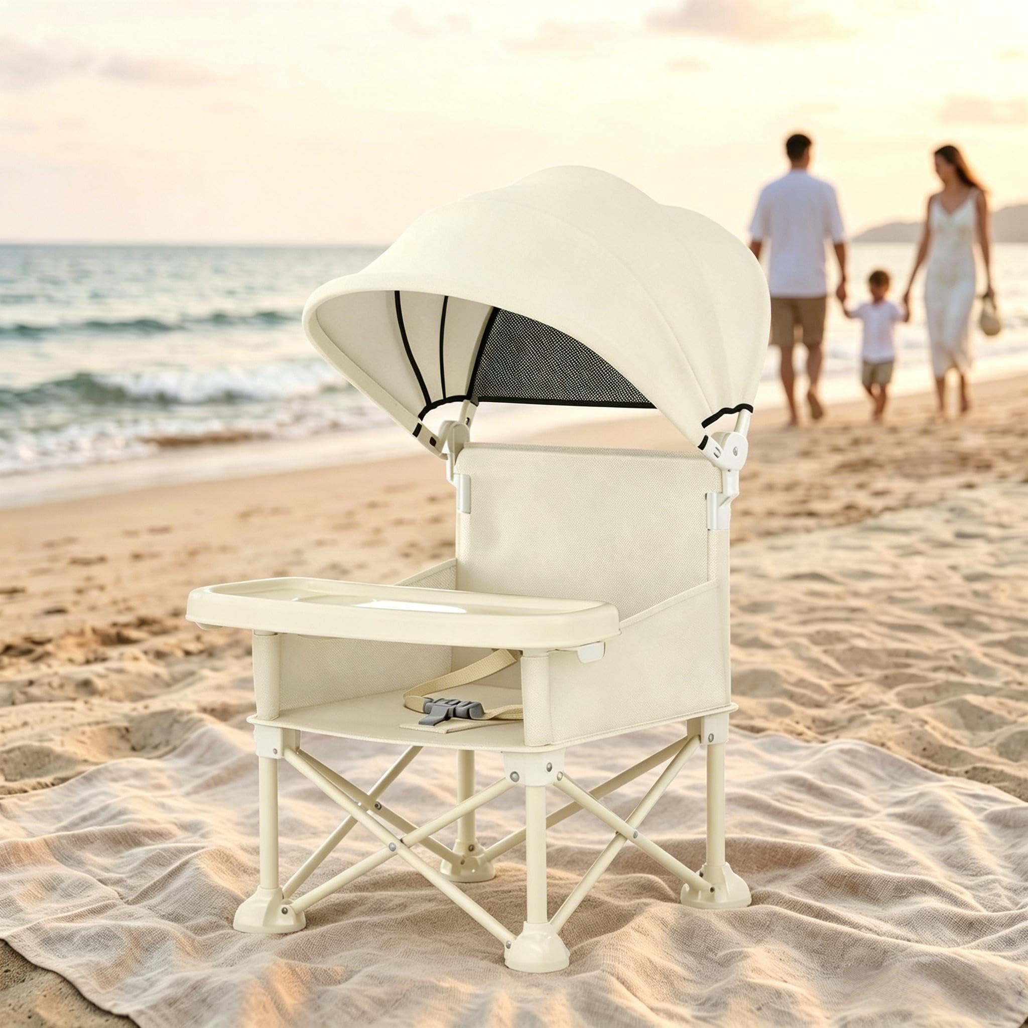 Baby Campingstuhl 4 in 1 Tragbarer Strandstuhl mit Abnehmbarem Tablett Markise Faltbar Babysitz