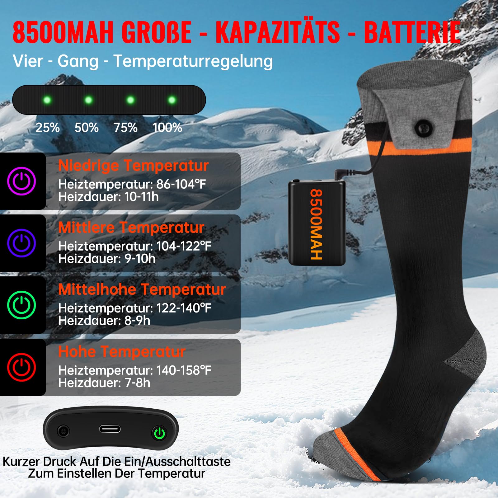 YOOHBERRYS Beheizte Socken, Elektrisch Beheizbare Socken mit 8500mAh Wiederaufladbarer Akku, APP-Fernbedienung bis zu 70°C, Heizsocken Warme Skisocken für Jagd, Wandern, Camping, Skifahren