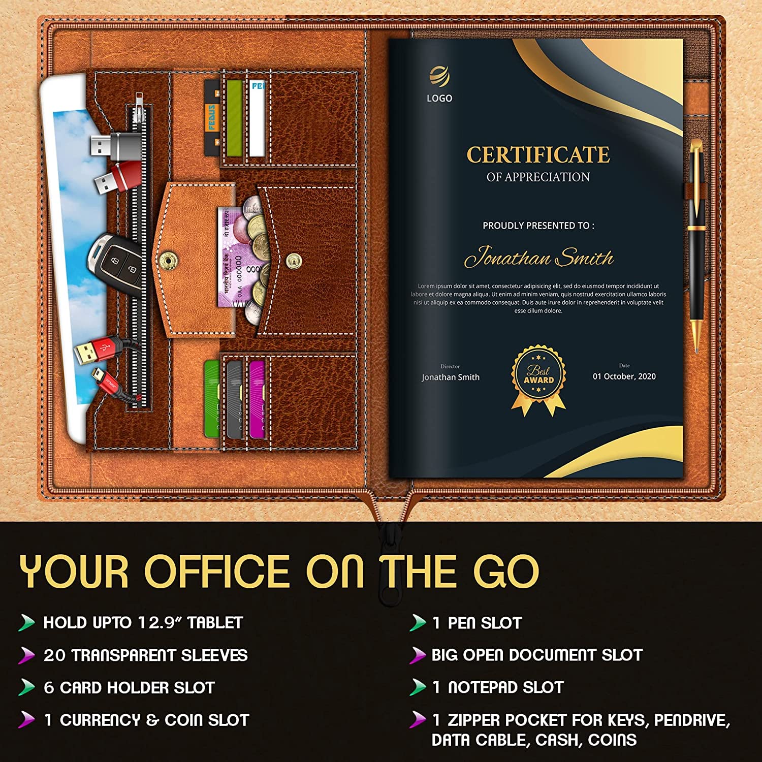 FEDUS Carpeta de documentos para certificados, carpeta profesional multiusos de cuero sintético para documentos, soporte de documentos, bolsa de documentos, cartera, archivo ejecutivo con 20 hojas