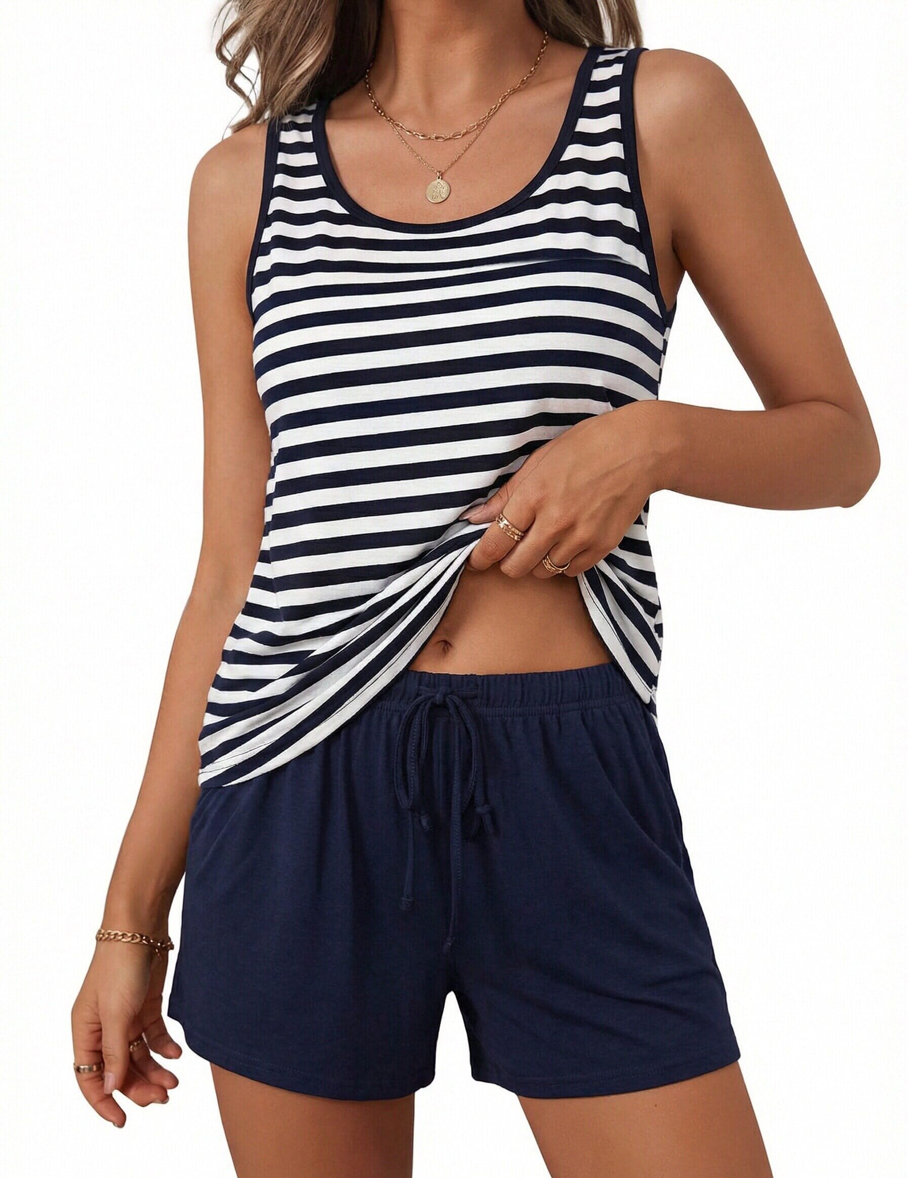 Litherday Schlafanzug Damen Kurz Baumwolle Ärmellose Pyjama Set Nachtwäsche Sommer Zweiteiliger Gestreift Tanktop mit Shorts