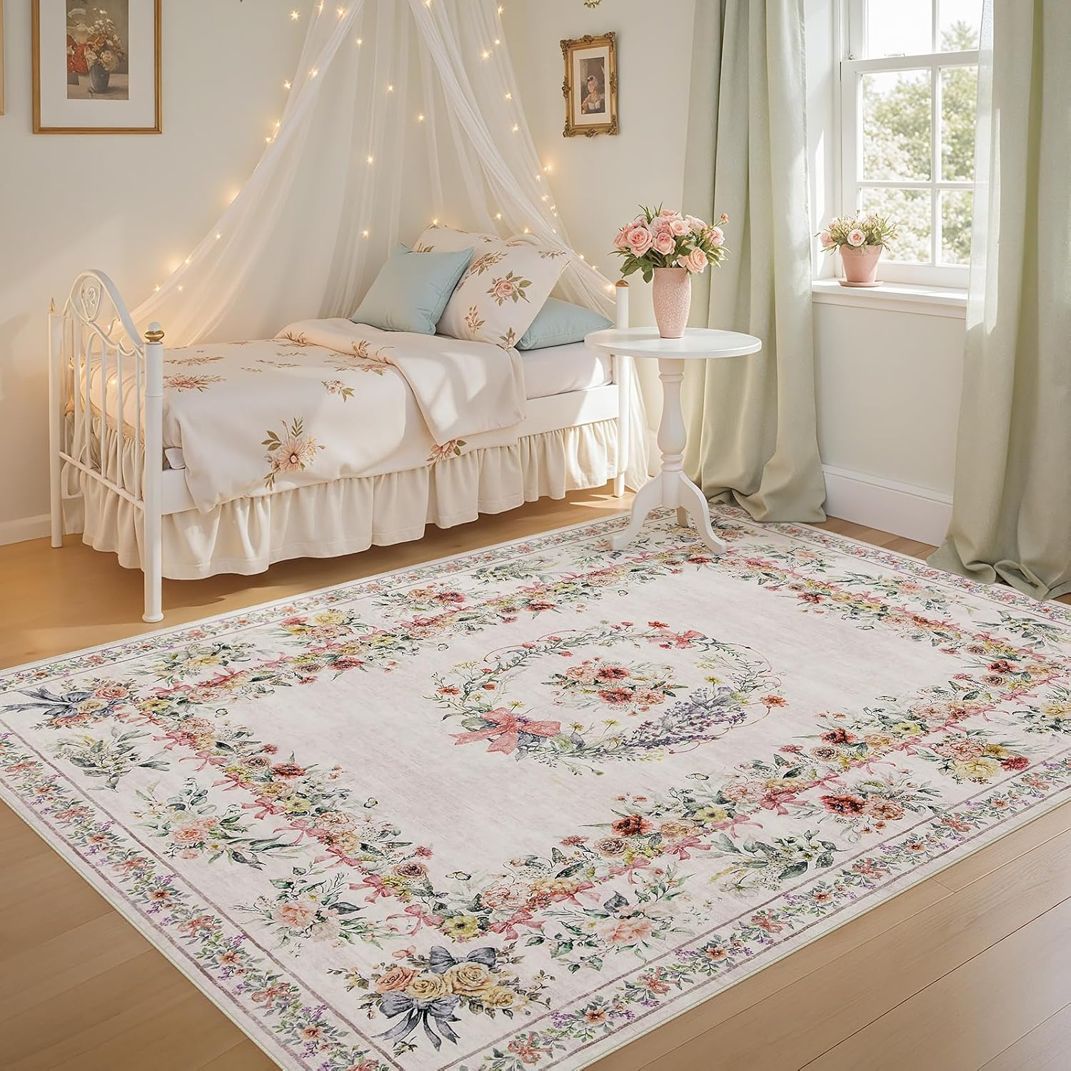 Joydeco Floral Bow Print 8x10 Area Rugs, Washable Pink Rugs for Bedroom Girls Nursery, Boho Ultra-Thin Soft Non Slip Carpet for Playroom Kids Room Living Room Classroom Decor, Light Pink