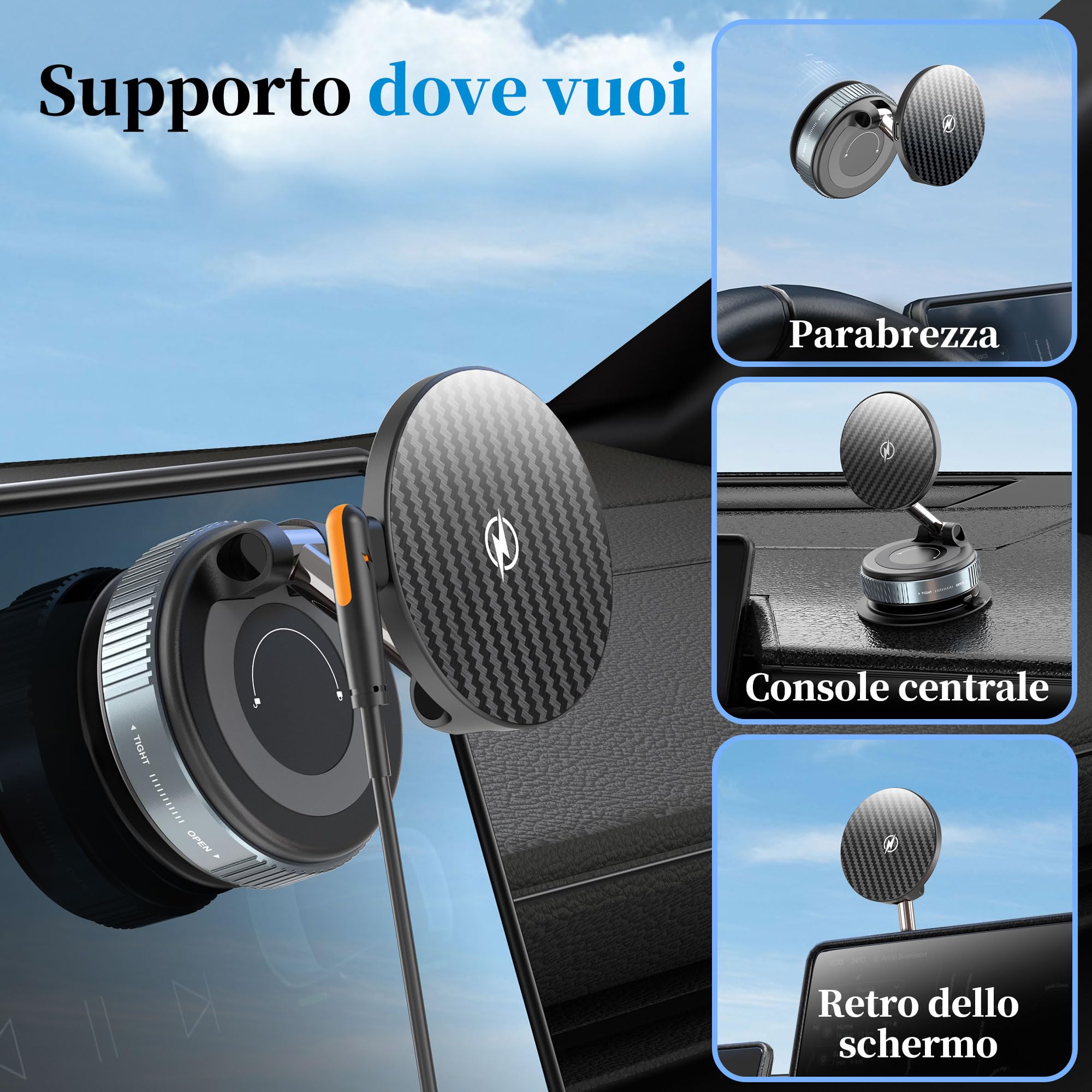 PlusAcc Supporto per cellulare per auto con funzione di ricarica – Ventosa girevole a 360° pieghevole magnetico per Magsafe iPhone 17/16/15/14/13/12 Samsung S20-S25 su parabrezza/cruscotto