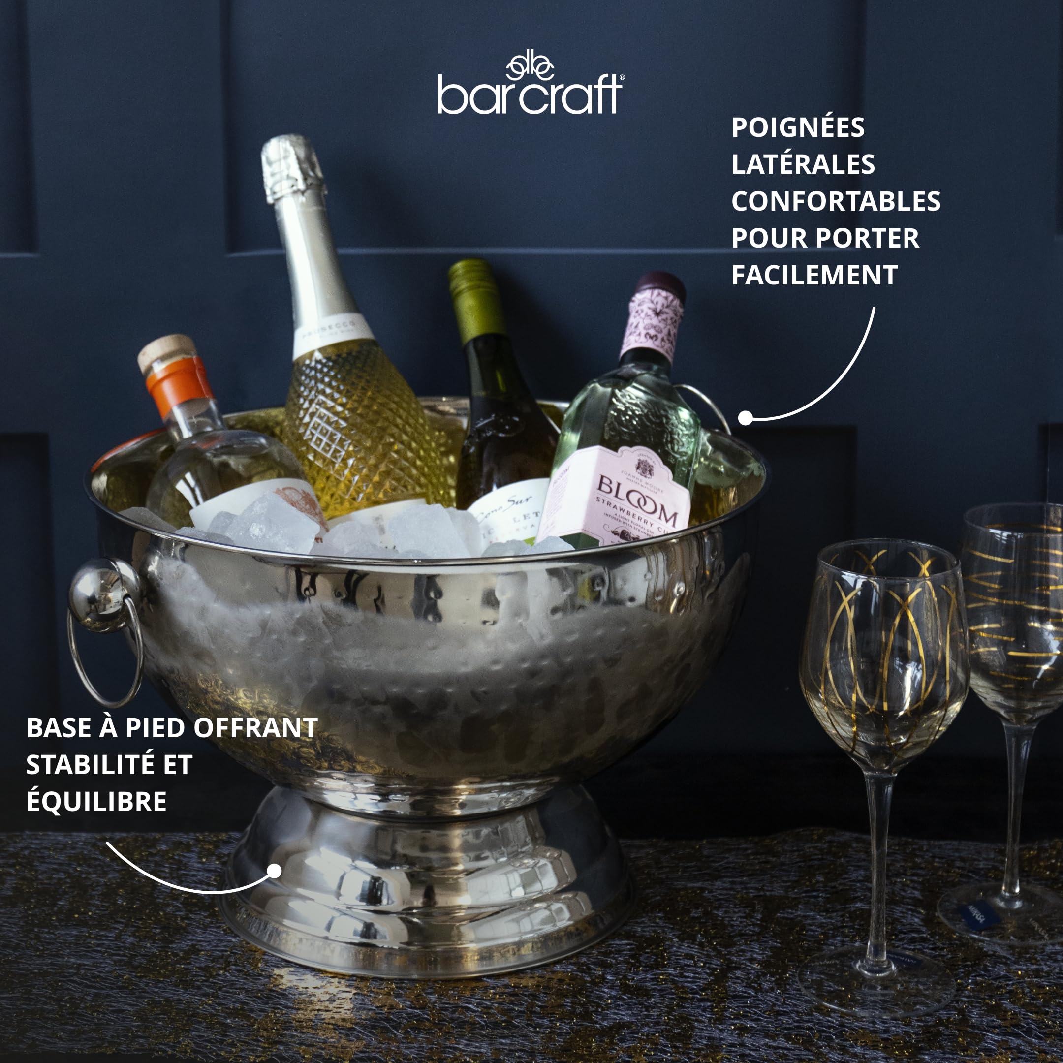 Barcraft Seau À Champagne En Acier Inoxydable Martelé, Refroidisseur De Bière, De Boissons Et De Vin, 37 X 25 cm, Étiqueté Cadeau, Silver