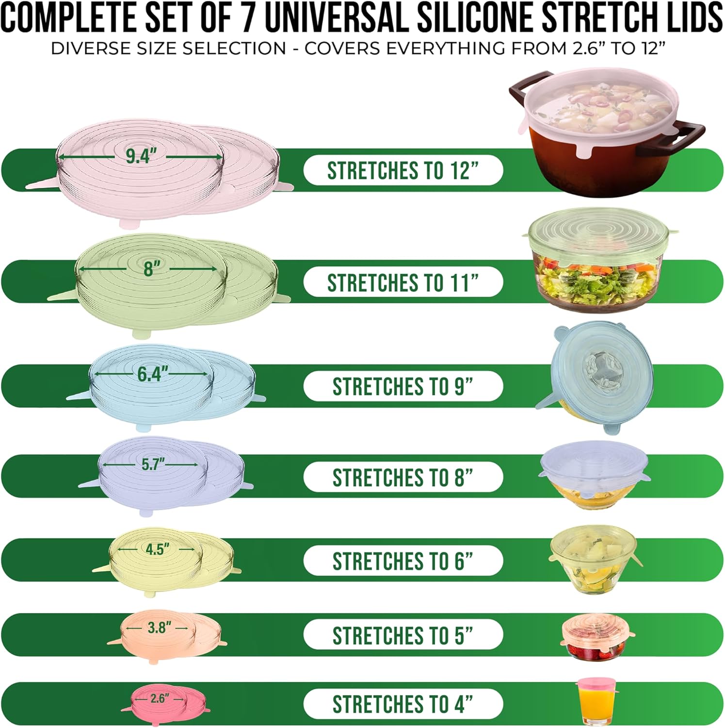 Reusable Silicone Stretch Lids for Food Storage in Fridge - Elastic Heat-Resistant Bowl Covers, Cups, Cans, Jars - Universal Food Grade Lid for Round and Rectangle Containers - 7 Pack - Colorful - Image 2