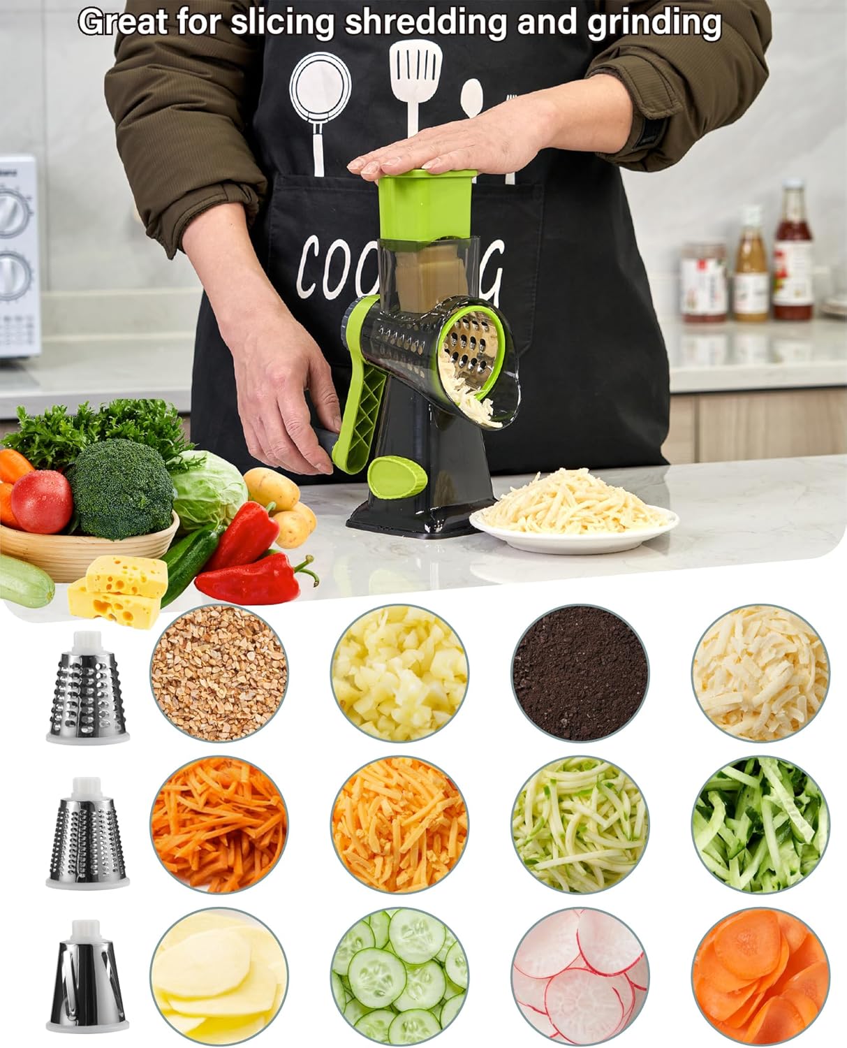 Rotary Cheese Grater hand crank 3 blades with Stronger Suction Base | Stainless Steel Blades for Fruits, Vegetables, Nuts. Dishwasher Safe & Easy to Clean, Transparent Black & Green