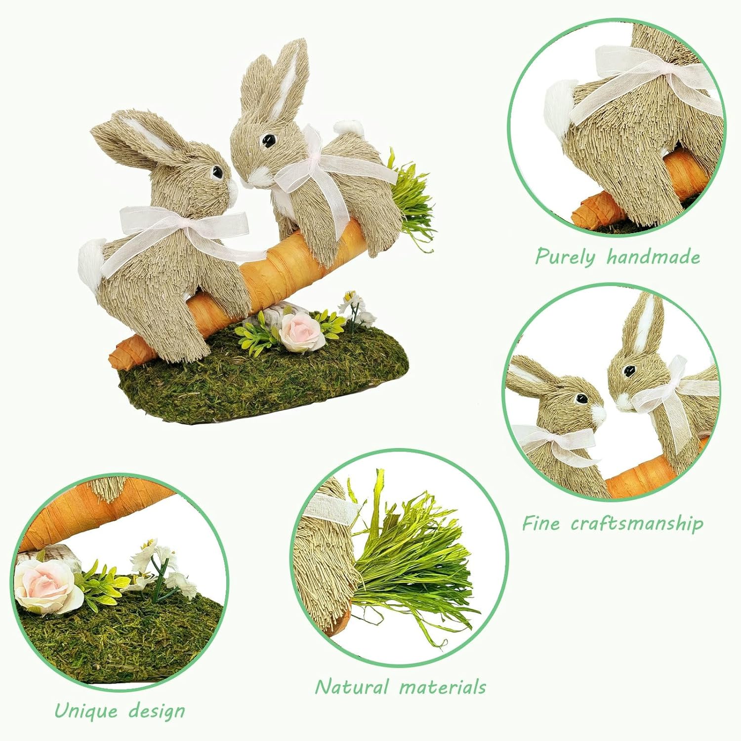 naturevibe 8.9 Inches Sisal Easter Bunny Decor on Carrot Seesaw, Natural Straw Easter Decorations Bunny Figurine on Moss Meadow as Spring Decor - Image 3