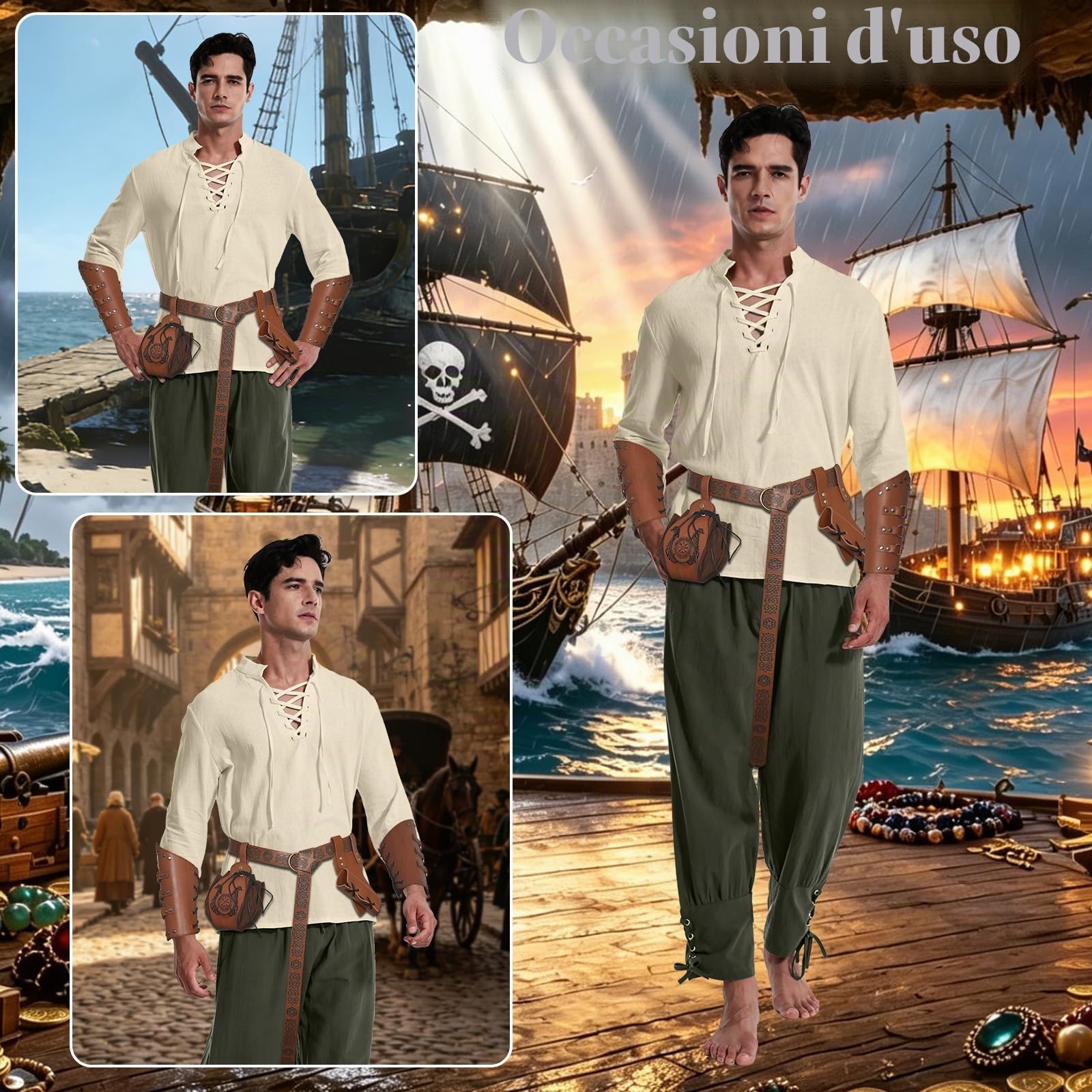 Costume da uomo medievale, set da 6 pezzi, con pirata medievale, top e pantaloni/braccia/cintura/borsa per monete d'oro da pirata/borsa per spada.
