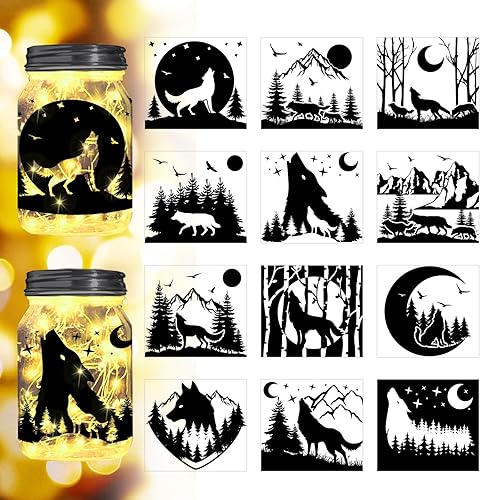 Peacoblue Forest Wolf Silhouette Cutouts for Jars, Mason Can, Window,
