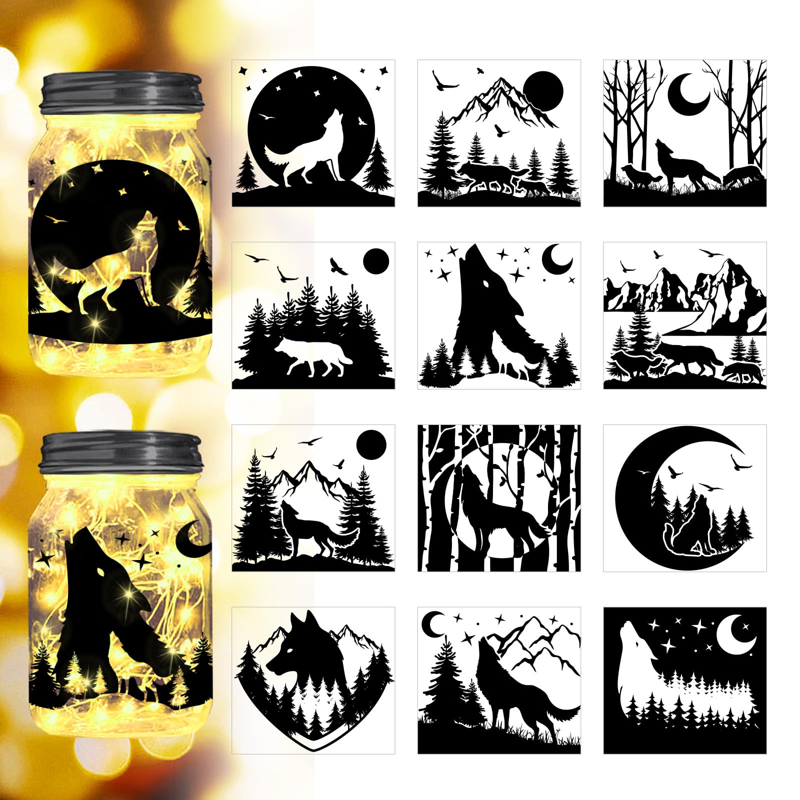 Peacoblue Night Wolf Silhouette Mason Jar Decor, Lantern Cutouts 12PCS